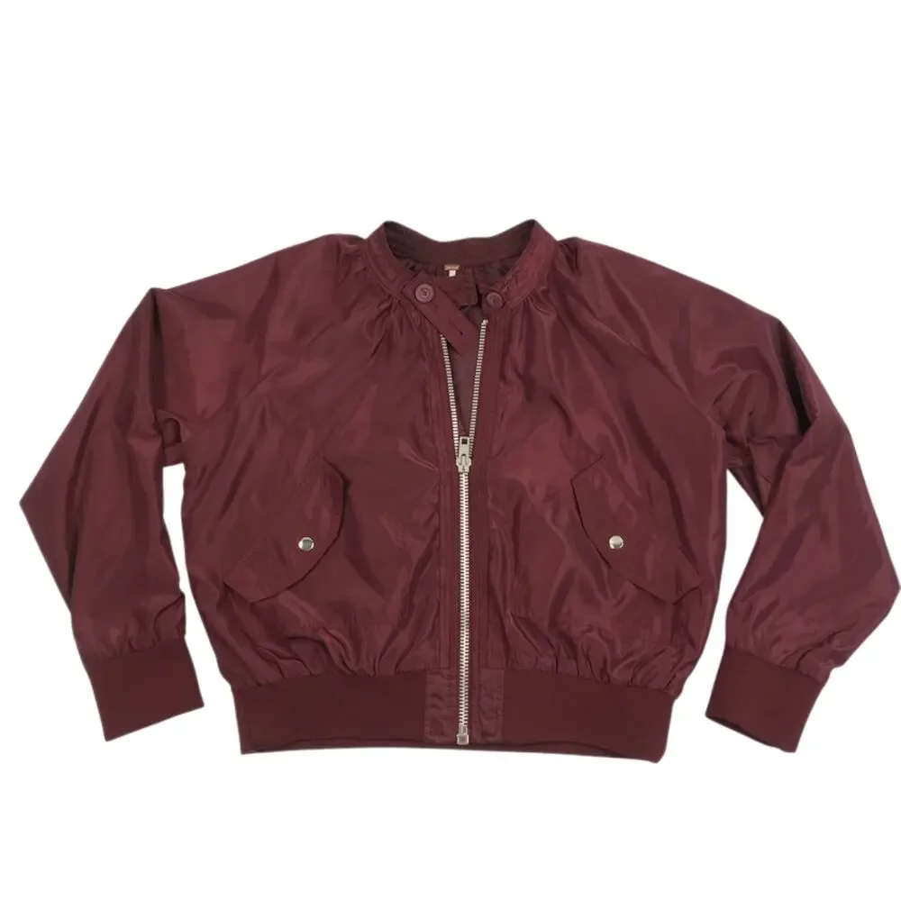 FREE PEOPLE Midnight Bomber Jacket Sz M Burgundy Full Zip City Chic Stylish Boho